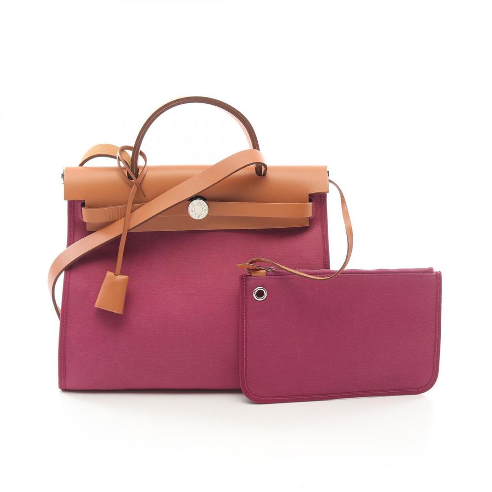 HERMES Ale Bag Zip PM Tosca Handbag Toile Officier Vache Hunter Pink Brown
